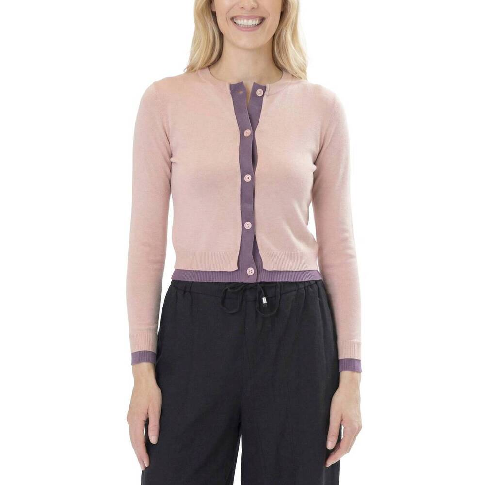NEW AREA STARS contrast trim cardigan in blush dark purple